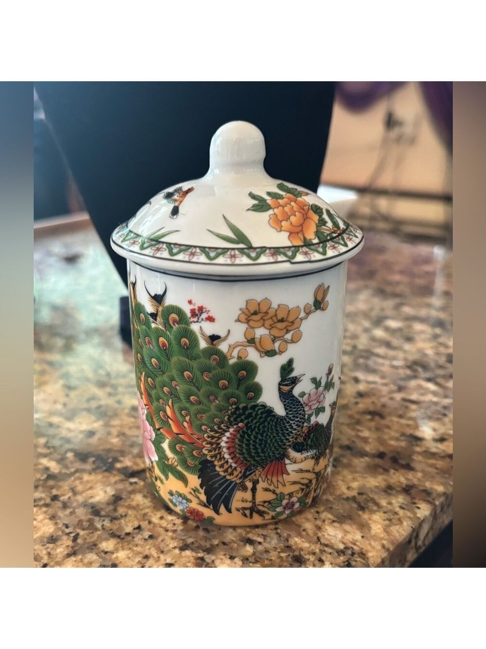 Hand-Painted Peacock Porcelain Lidded Mug | Floral Chinese Art Cup Famille Rose